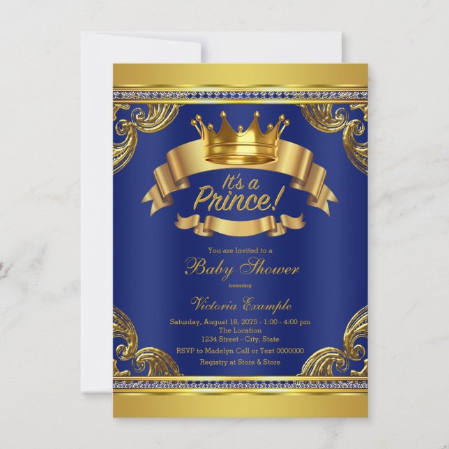 Invitation Gold Crown Royal Blue Prince Baby shower (Devant)
