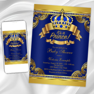 Invitation Gold Crown Royal Blue Prince Boy Baby shower