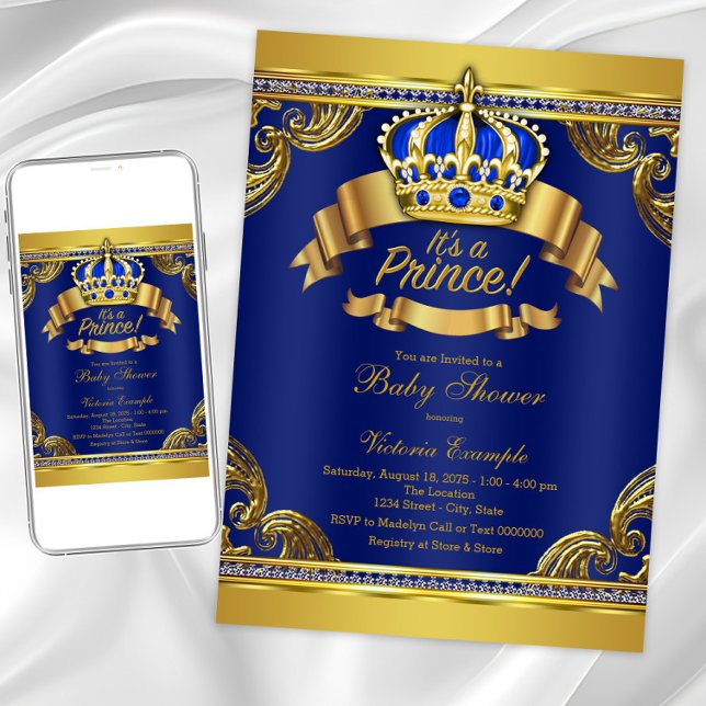 Invitation Gold Crown Royal Blue Prince Boy Baby shower (Royal blue gold prince baby shower invitation. Instant download and printed invitations available.)