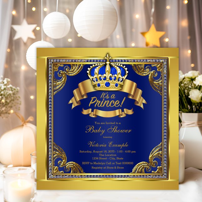Invitation Gold Crown Royal Blue Prince Boy Baby shower (Elegant royal blue and gold prince baby shower invitation. Simply add you recent details.)