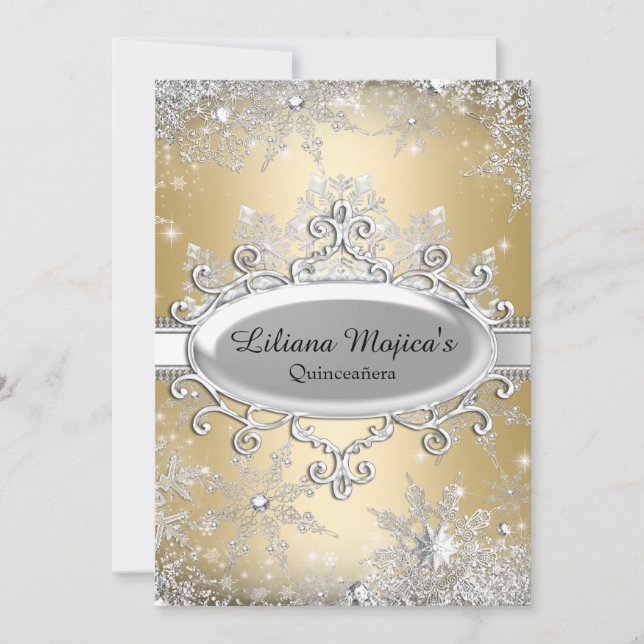 Invitation Gold Crystal Snowflake Princesse Quinceanera (Devant)