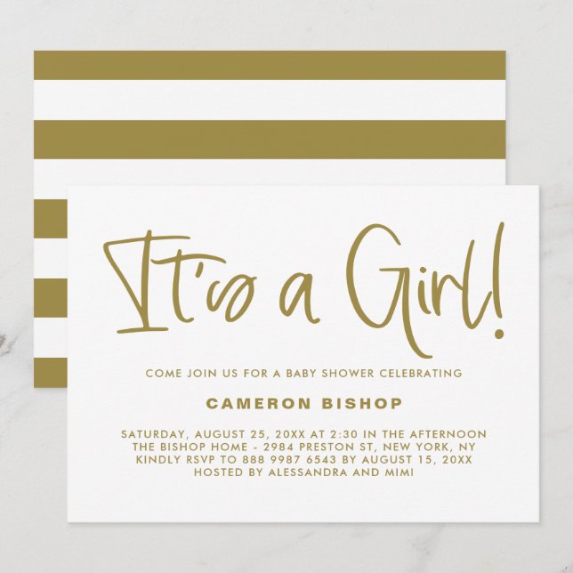 Invitation Gold Cute Calligraphy C'est un Baby shower de fill (Devant / Derrière)