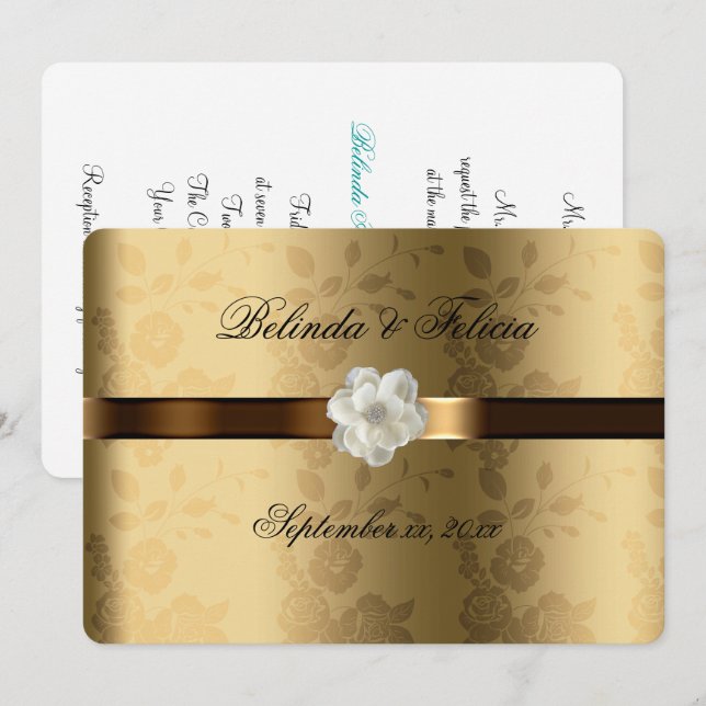 Invitation Gold Damask Chocolat Brown Satin Fleur blanche (Devant / Derrière)