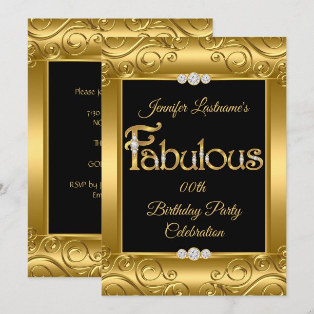 Invitation Gold Damask Diamond Fabuleux fête d'anniversaire (Devant / Derrière)
