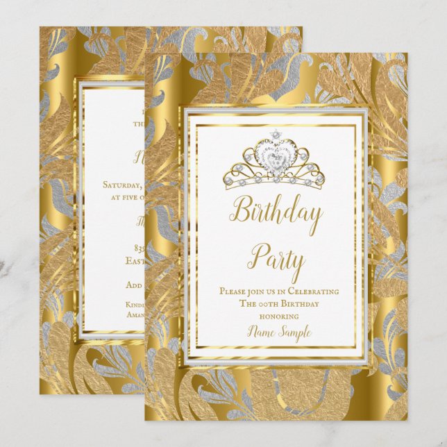 Invitation Gold Damask Grey Tiara fête d'anniversaire (Devant / Derrière)