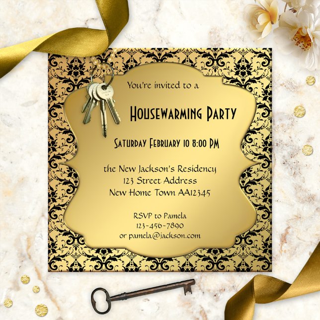 Invitation Gold & Damask Houseécharder Party (Elegant housewarming party invitation with a gold and damask patterned background with keys)