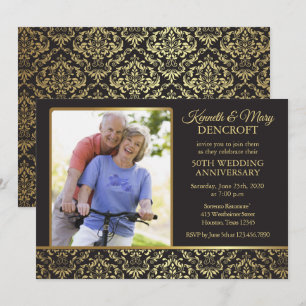 Invitation Gold Damask Photo 50th Mariage Anniversaire Invita