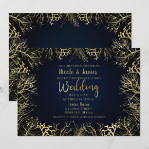 Invitation Gold & Dark Navy Blue Elegant Coral Mariage