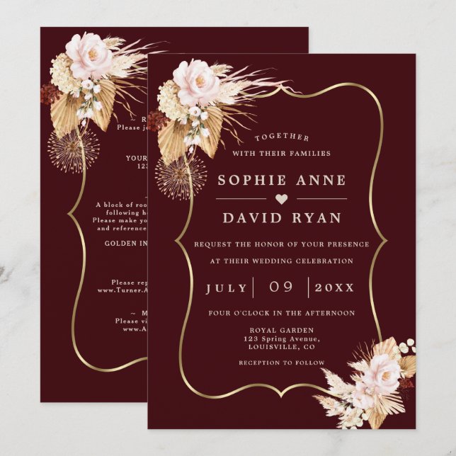 Invitation Gold Deep Burgundy Floral Fall All In One Wedding (Devant / Derrière)