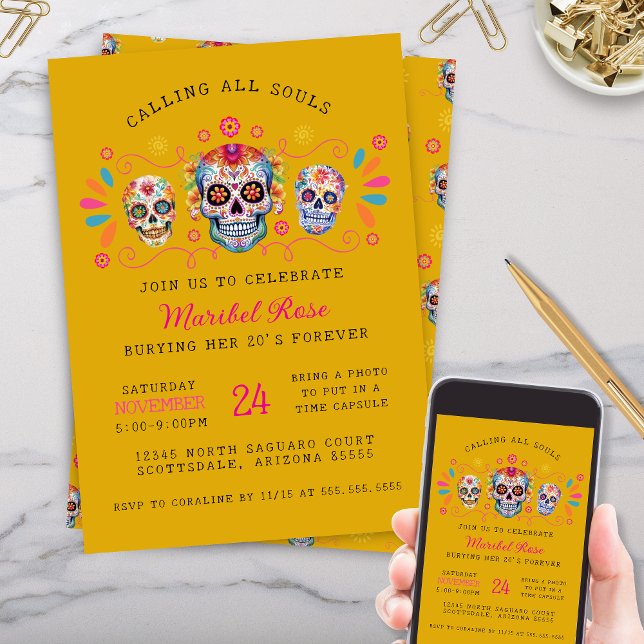 Invitation Gold Dia de los Muertos Crâne fête d'anniversaire (gold dia de los muertos day of the dead party invitations with personalized text for any occasion)