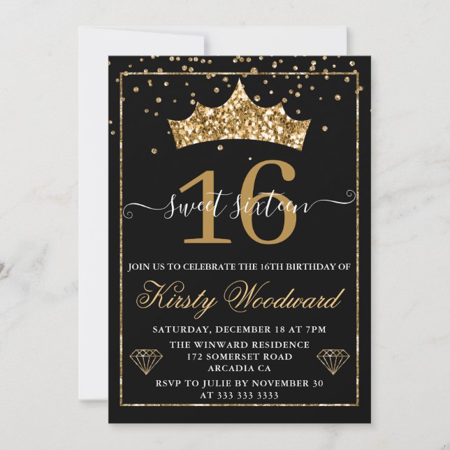 Invitation Gold Diamond Confetti Tiara Sweet 16 (Devant)