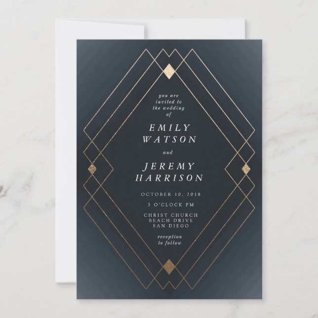 Invitation Gold Diamond Marine Géométrique Déco Mariage Gatsb (Devant)