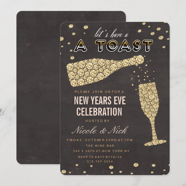 Invitation Gold Diamond Vin Verre Nouvel An Réveillon Invitat (Devant / Derrière)
