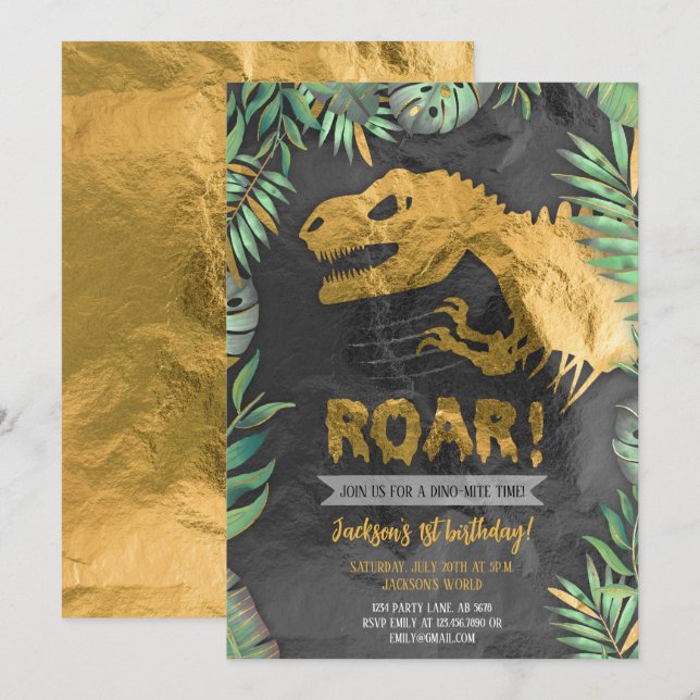 Invitation Gold Dinosaur Roar anniversaire (Devant / Derrière)