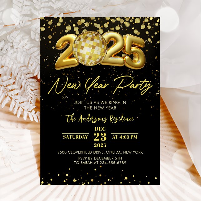 Invitation Gold Disco Ball Cheers New Years Eve Party 2024 (Créateur téléchargé)