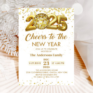 Invitation Gold Disco Ball Cheers New Years Eve Party 2025