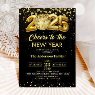 Invitation Gold Disco Ball Cheers New Years Eve Party 2025