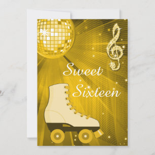 Invitation Gold Disco Ball et Roller Skates Sweet sixteen