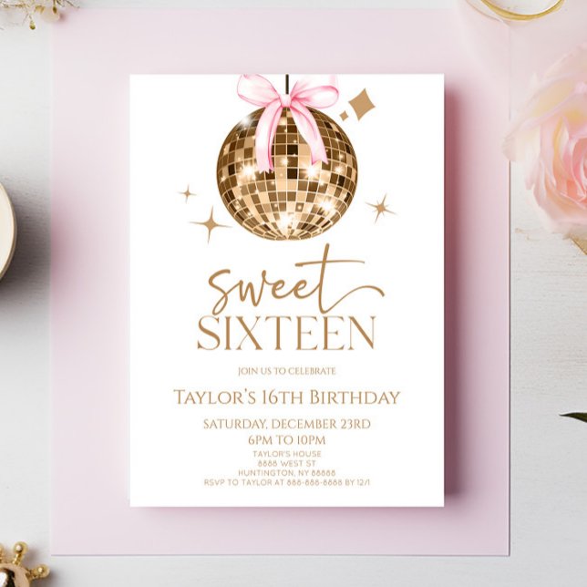 Invitation Gold Disco Bow Sweet sixteen 16ème anniversaire (Créateur téléchargé)