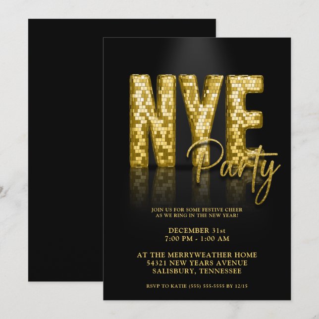 Invitation Gold Disco Parties scintillant New Years Eve Party (Devant / Derrière)