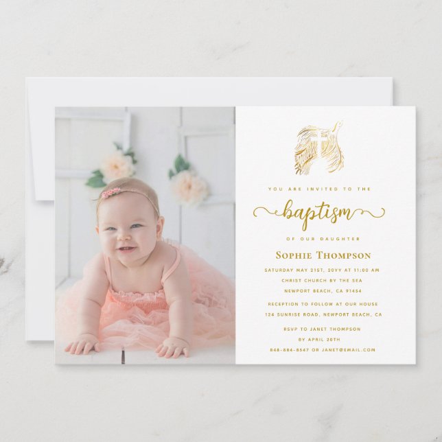 Invitation Gold Dove White Cross Girl Baptême Religieux Photo (Devant)