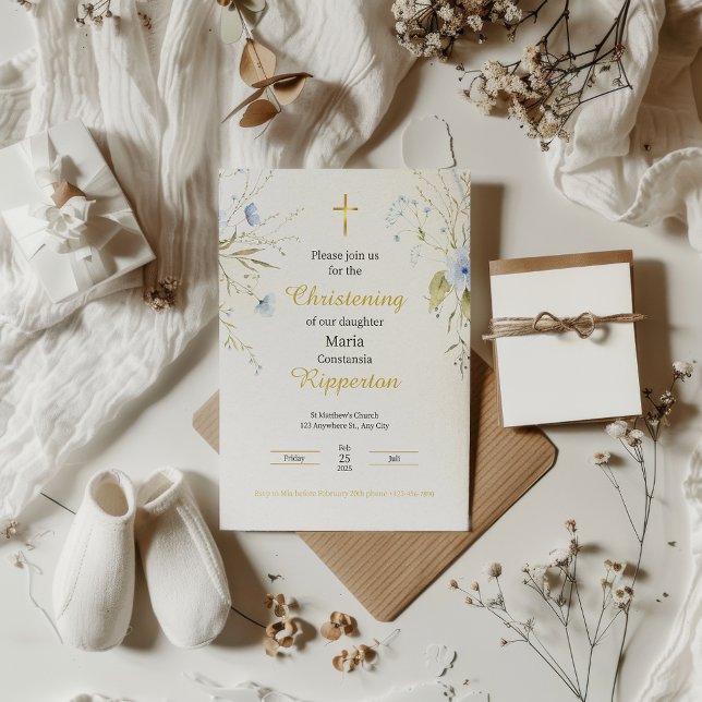 Invitation Gold Elegant Floral Gold Cross Baptism (Créateur téléchargé)