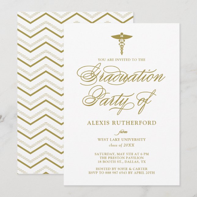 Invitation Gold Elegant Script Médicale School Graduation (Devant / Derrière)