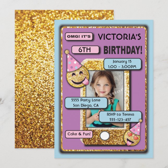 Invitation Gold Emoji Anniversaire de la fête Cellule Télépho (Devant / Derrière)
