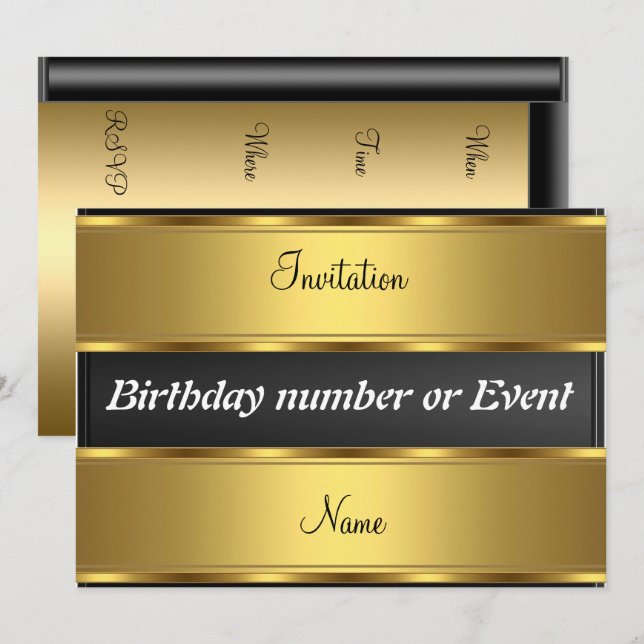 Invitation Gold et Black Birthday Party (Devant / Derrière)