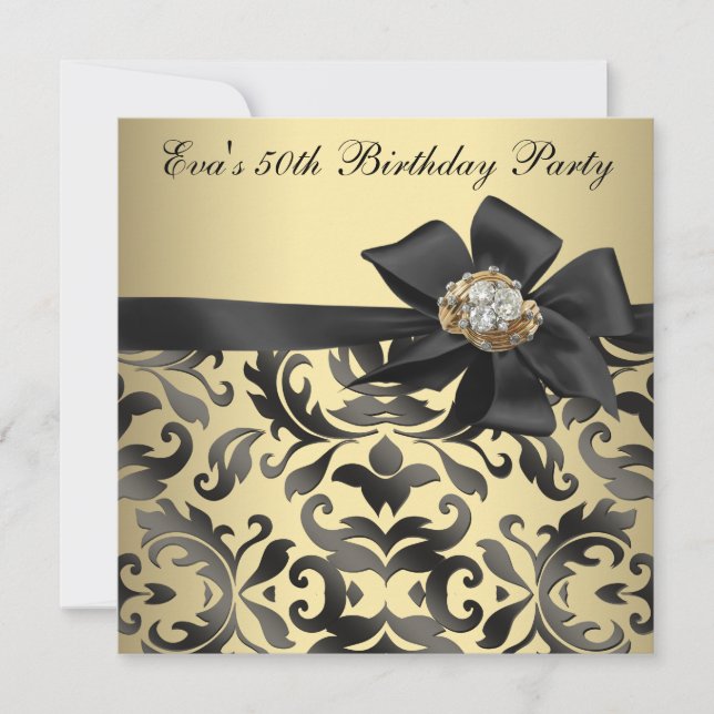 Invitation Gold et Black Damask 50th Birthday Party (Devant)