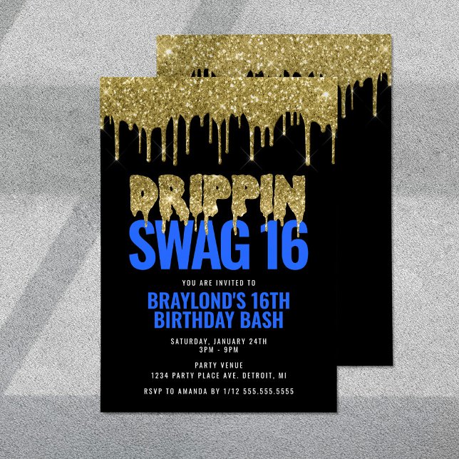 Invitation Gold et Blue Drippin Swag 16 Anniversaire (Créateur téléchargé)