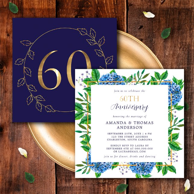 Invitation Gold et Blue Hydrangea 60e anniversaire de Mariage (Front / Back)