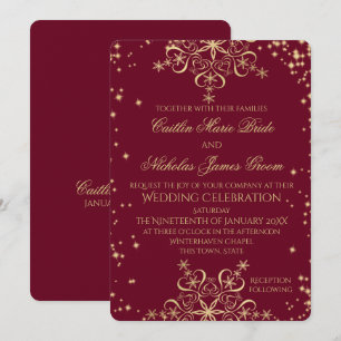 Invitation Gold et Bourgogne Mariage d'hiver Snowflakes