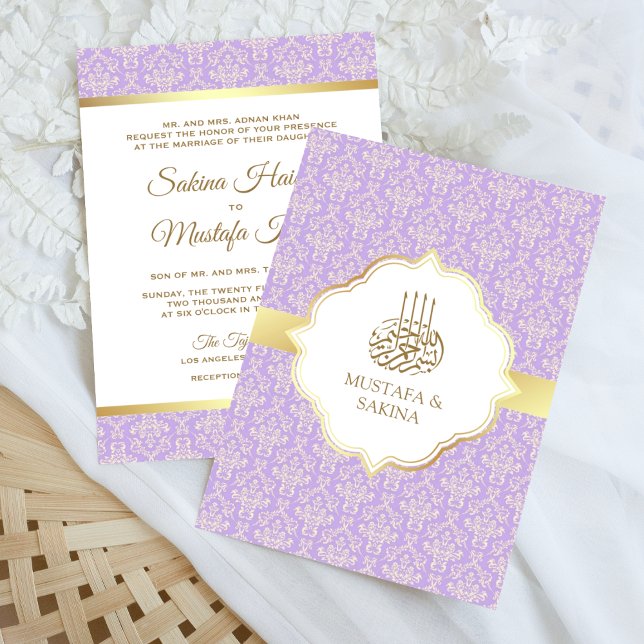 Invitation Gold et Lavender Damask Mariage musulman islamique (Créateur téléchargé)