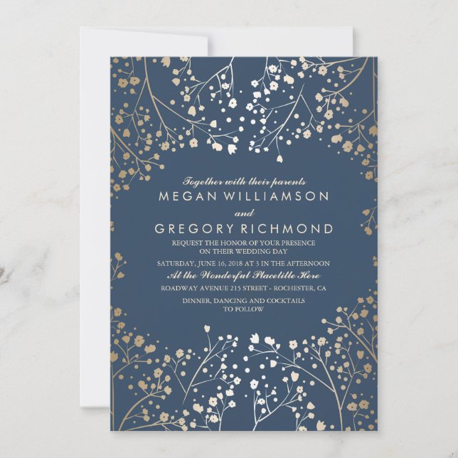 Invitation Gold et Marine Bébé's Breath Floral Mariage modern (Devant)