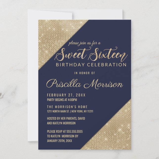 Invitation Gold et Marine Blue Faux Parties scintillant Sequi (Devant)