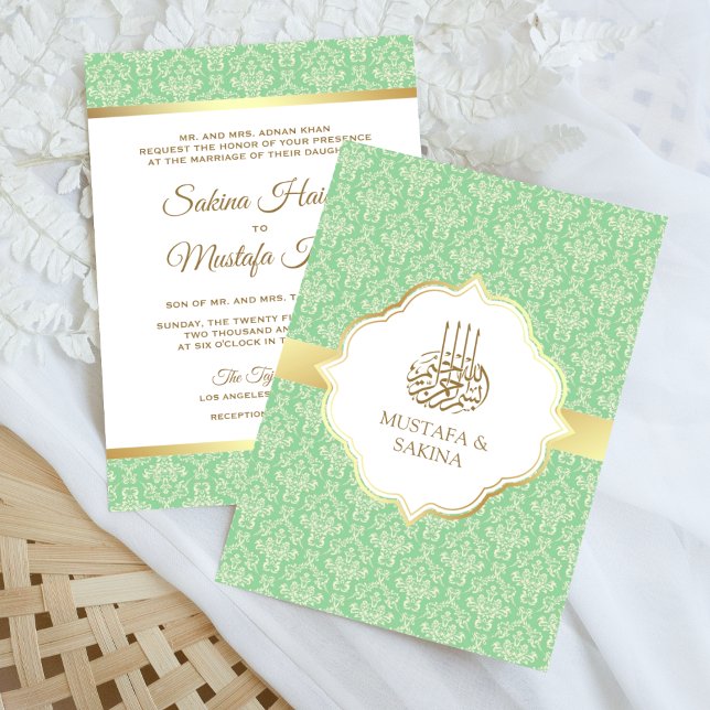 Invitation Gold et Mint Green Damask Mariage musulman islamiq (Créateur téléchargé)
