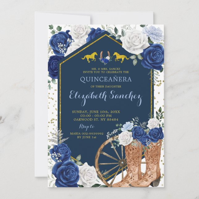 Invitation Gold et Navy Blue Western Charra Quinceañera (Devant)