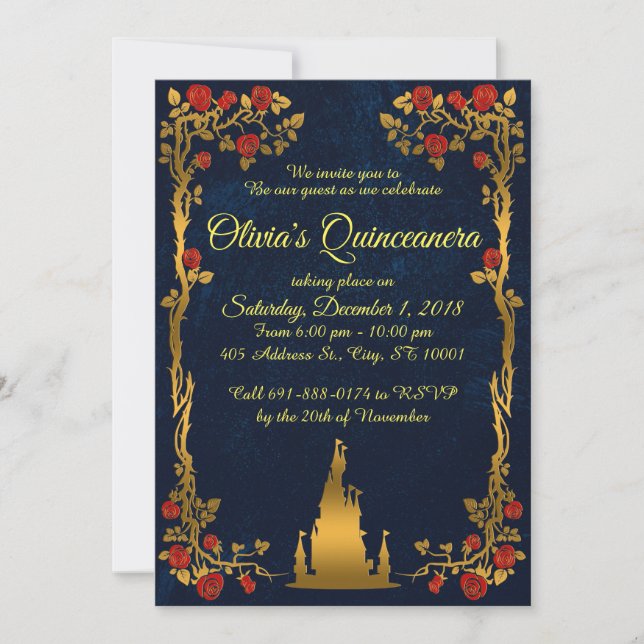Invitation Gold et Navy Quinceañera (Devant)