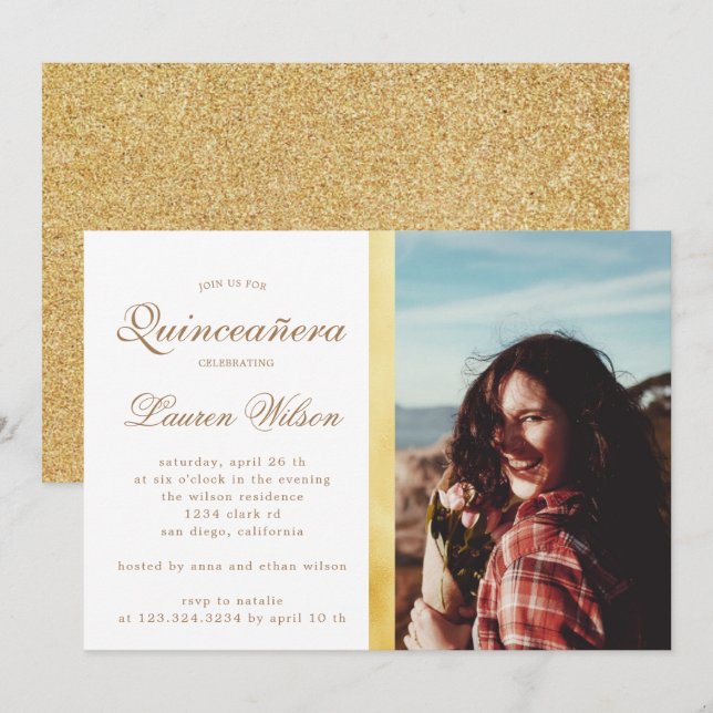 Invitation Gold et parties scintillant Quinceanera Photo Invi (Devant / Derrière)