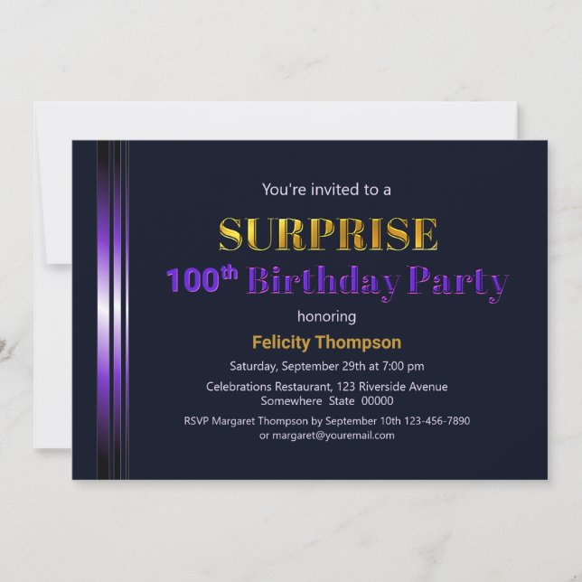 Invitation Gold et Purple Surprise 100e fête d'anniversaire (Devant)