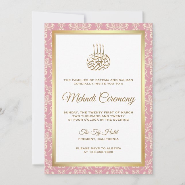 Invitation Gold et Rose Damask rose Musulman Cerememy (Devant)