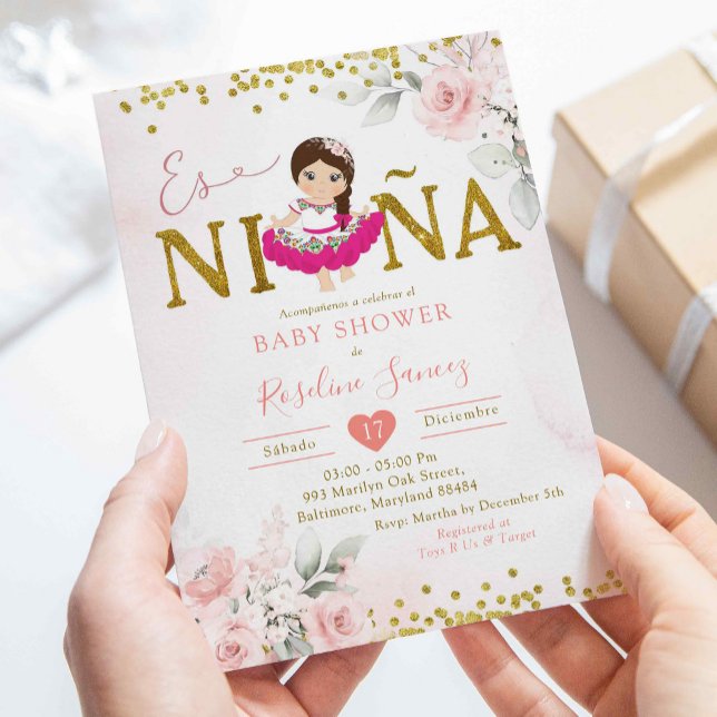 Invitation Gold et rose Floral Girl Es Niñ un Baby shower (Créateur téléchargé)