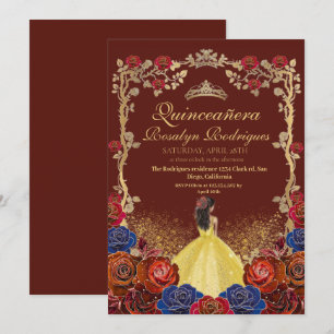 Invitation Gold et Rouge Bourgogne Quinceanera Beauté et le m