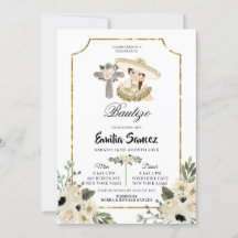 Gold et White Floral Girl Bautizo Invitacion