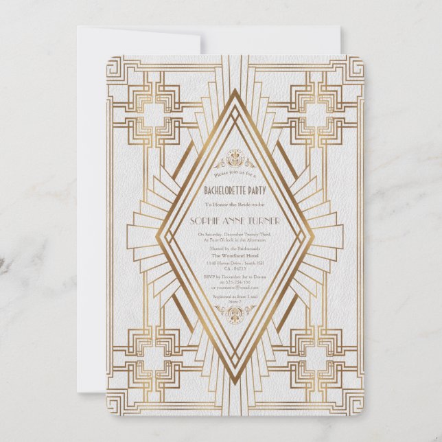 Invitation Gold et White Great Gatsby Bachelorette Party (Devant)