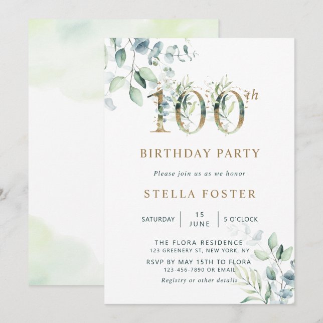 Invitation Gold Eucalyptus Botanical 100e fête d'anniversaire (Devant / Derrière)