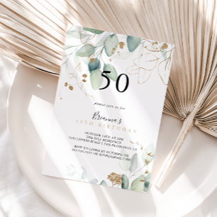Invitation Gold Eucalyptus Calligraphie 50e fête d'anniversai