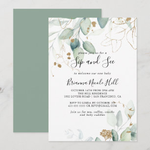 Invitation Gold Eucalyptus Calligraphy Sip and See