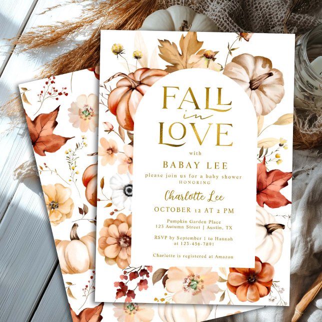 Invitation Gold Fall in Love Floral Arch Citrouille Baby show (Créateur téléchargé)